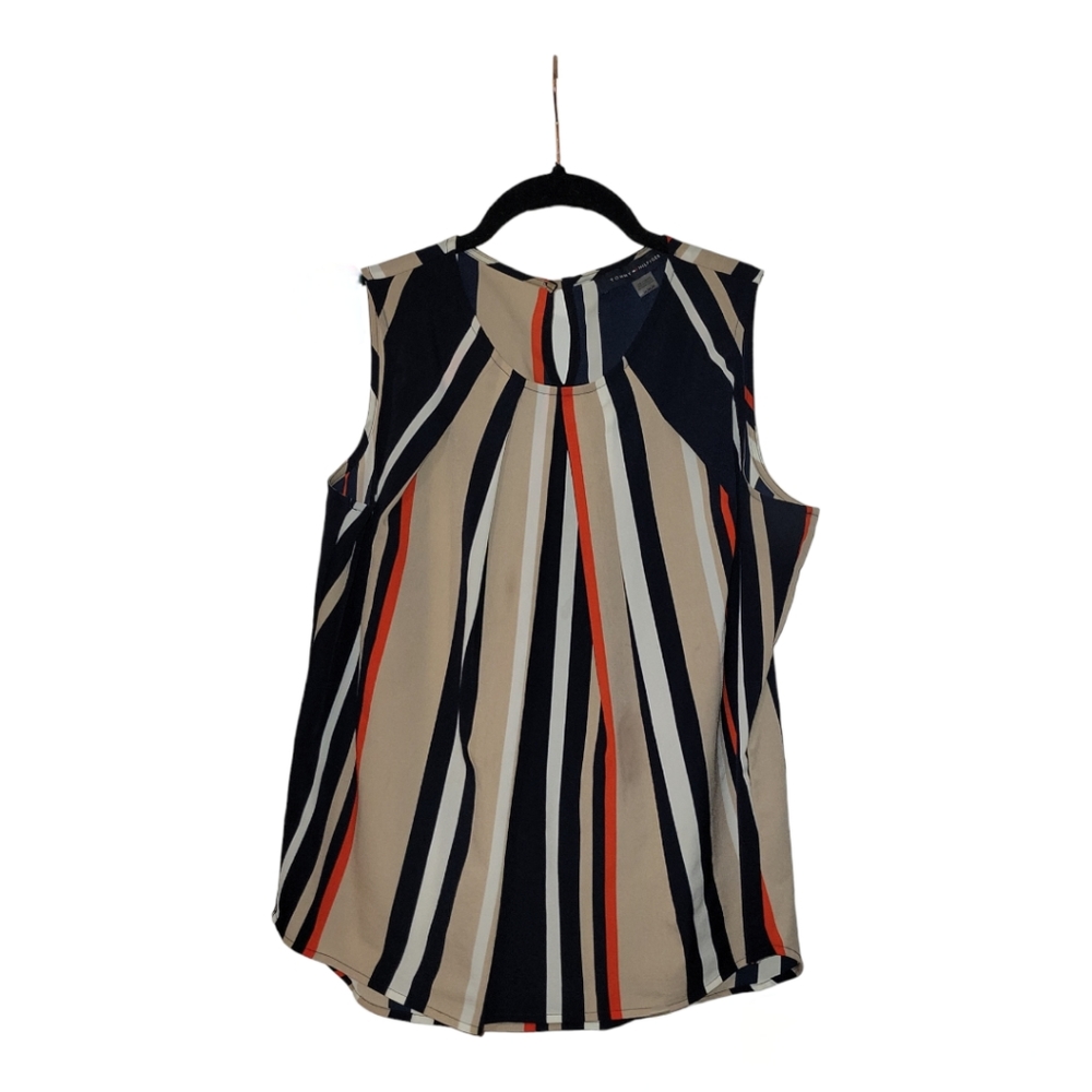Tommy Hilfiger Stripe Pleated-Neck Sleeveless Blouse Size Medium